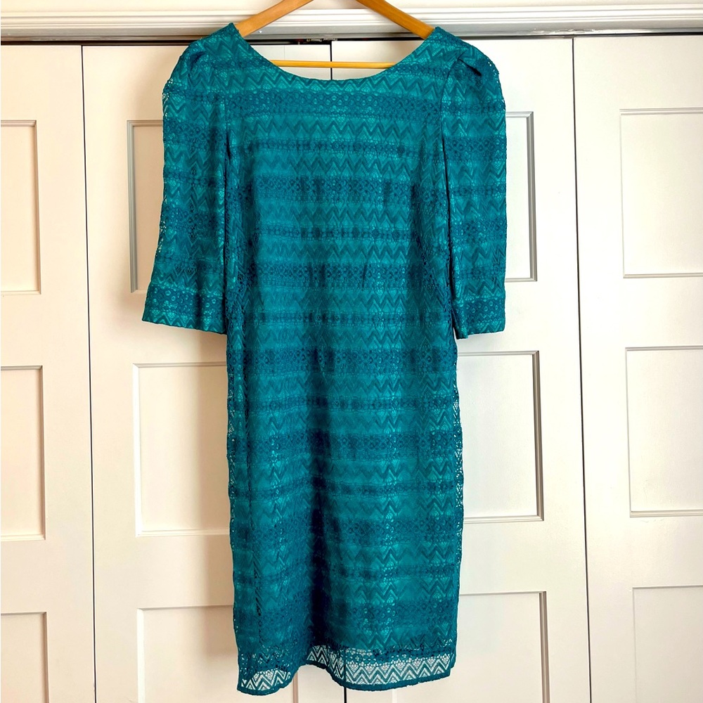Teal Tegan lace overlay dress, size 10